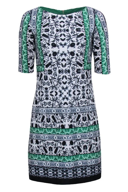 Vince Camuto - White, Navy & Green Bohemian Print Sheath Dress Sz 2 Striped unclassified dresses