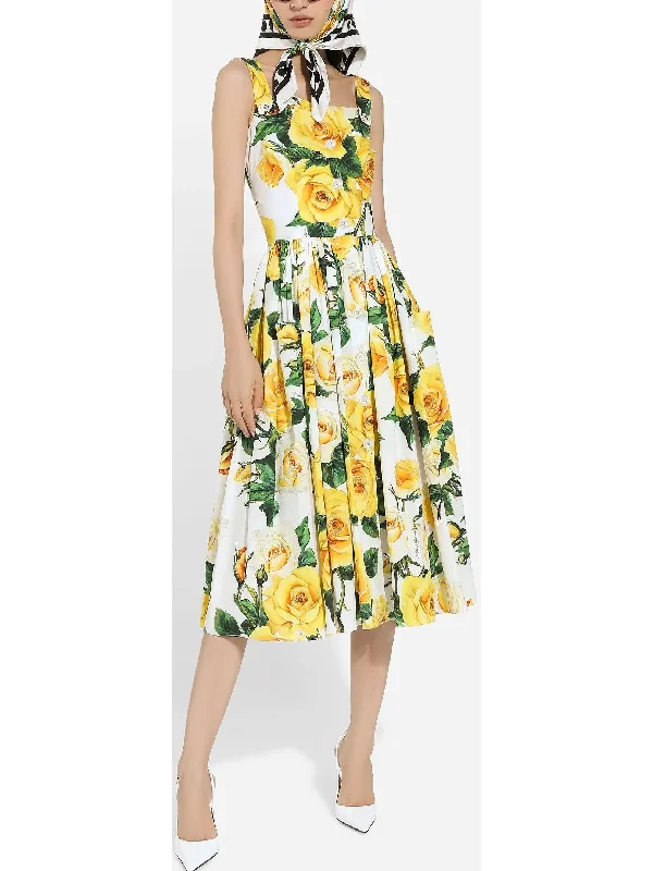 Yellow Rose Print Cotton Sundress Vacation unclassified dresses