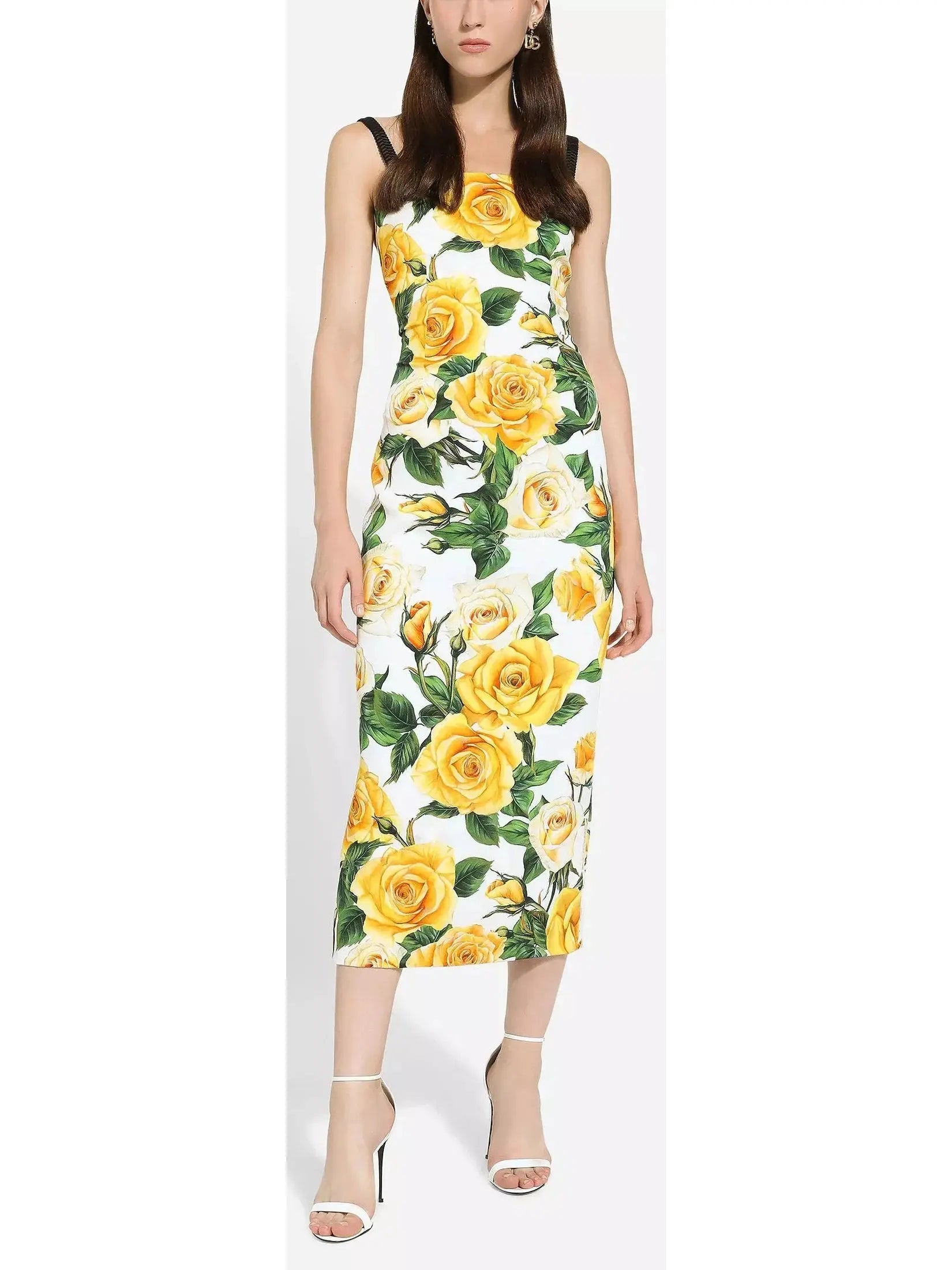 Yellow Rose Print Draped Silk Charmeuse Dress Beach unclassified dresses