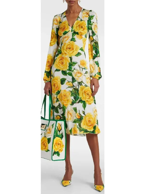 Yellow Rose Print Mid-Length Dress Office unclassified dresses