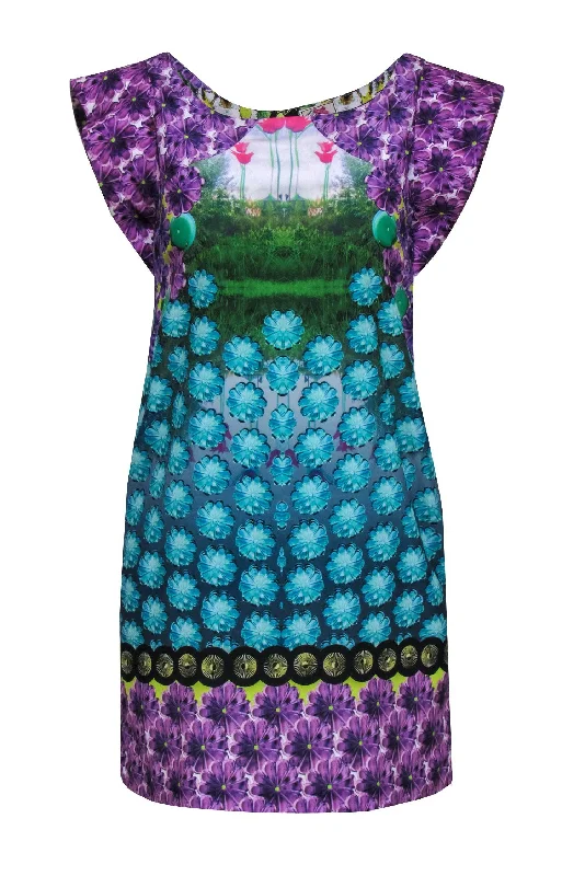 Yoana Baraschi - Blue & Purple Flower Print Dress w/ Garden Scene Sz 4 A-line unclassified dresses