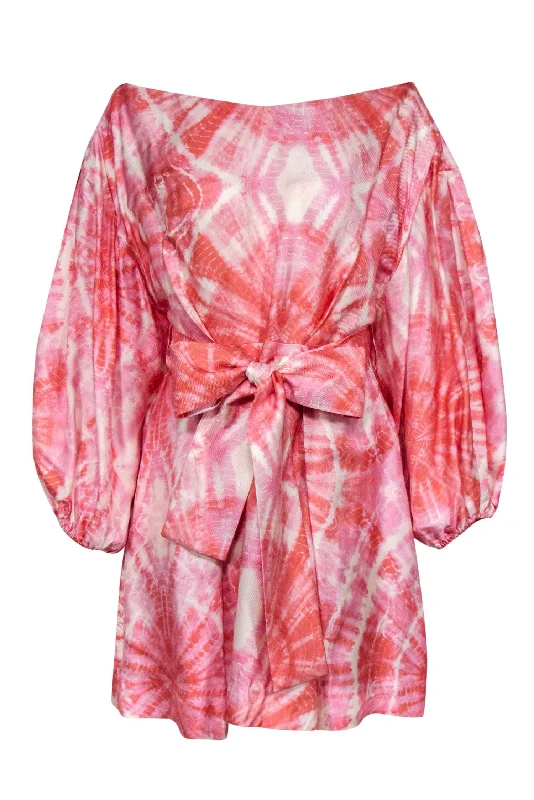 Zimmermann - Pink & Orange Tie-Dye Print Balloon Sleeve Dress Sz 2 Denim unclassified dresses