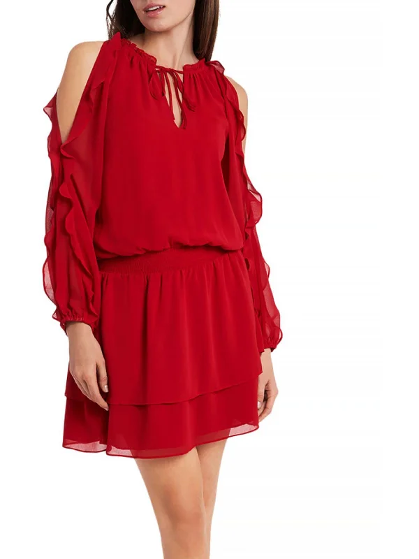 Womens Cold Shoulder Short Mini Dress Long-sleeve Mini Skirt