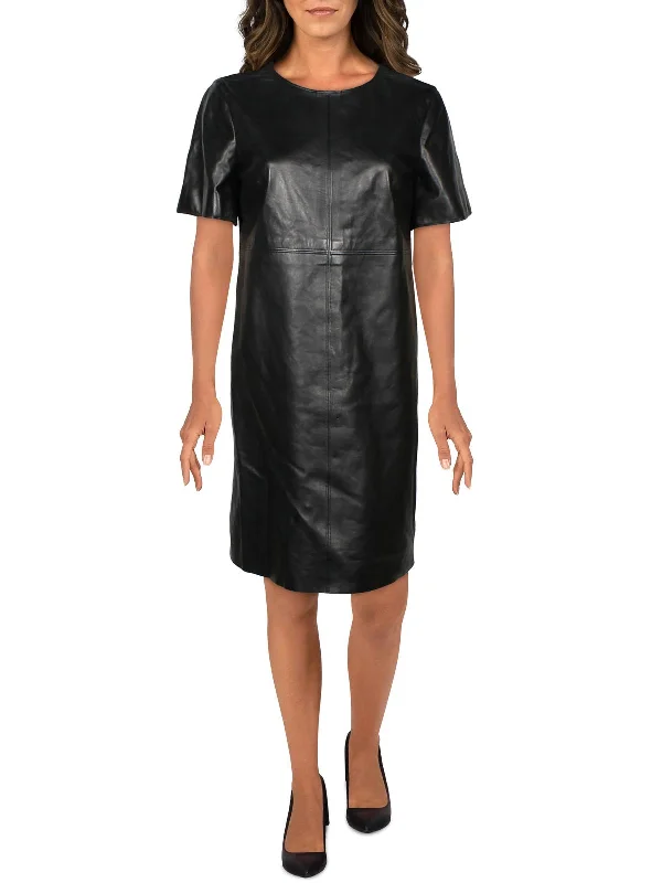 Womens Lambskin Leather Short Shift Dress Plaid Skater Skirt