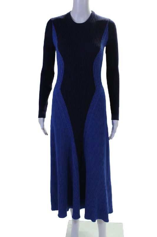 Alexander McQueen Womens Long Sleeve Ribbed Knit Two Toned Dress Blue Wool Small Midi Maxi Skirt