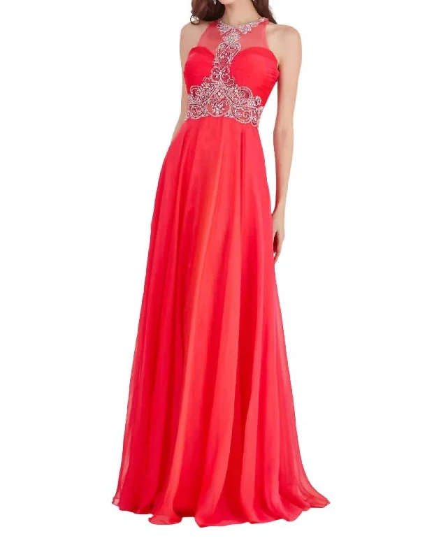 Chiffon Long Prom Dress In Fuchsia Embroidered Maxi Skirt