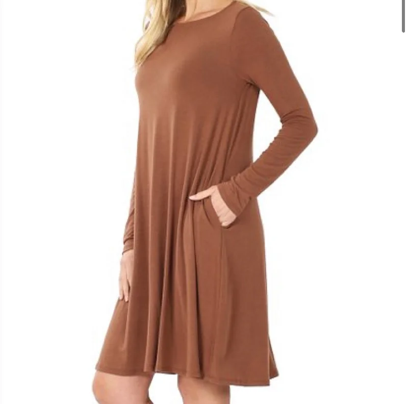 LONG SLEEVE FLARE DRESS WITH POCKETS  light brown Boho Maxi Skirt