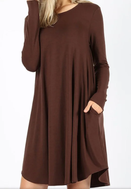 LONG SLEEVE FLARE DRESS WITH POCKETS  Brown Summer Maxi Skirt