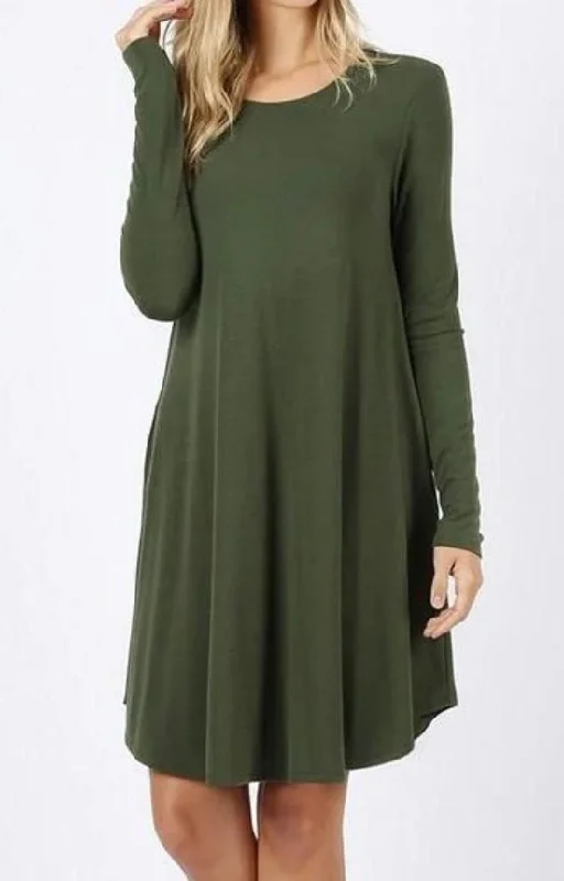 LONG SLEEVE FLARE DRESS WITH POCKETS Army Green Maxi Skirt Set