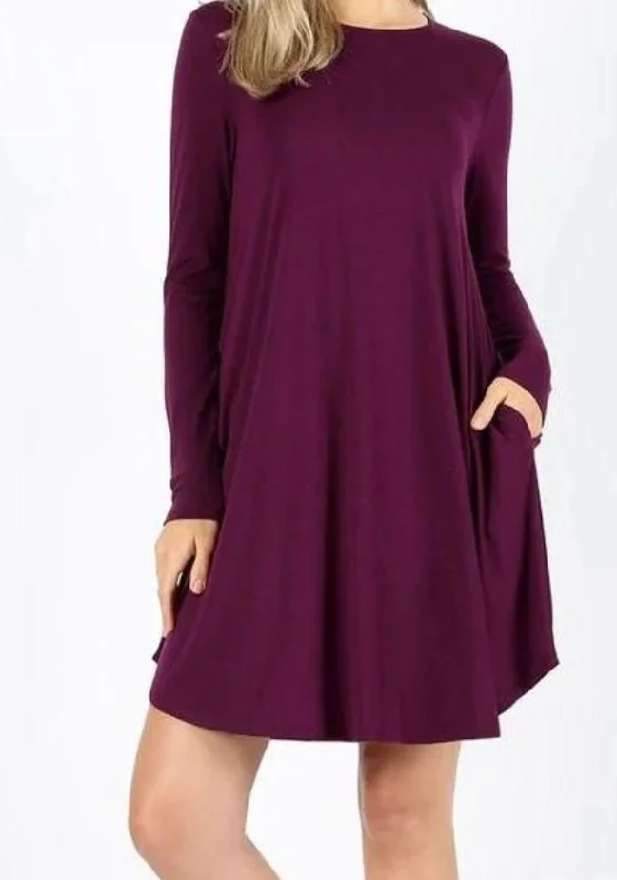 LONG SLEEVE FLARE DRESS WITH POCKETS Dark Plum Comfortable Maxi Skirt