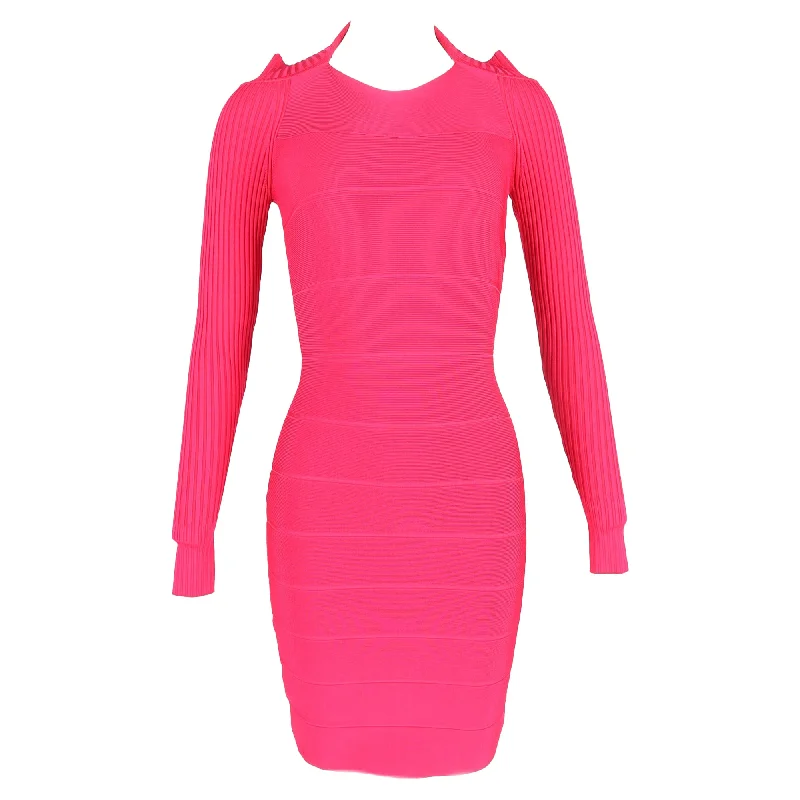 Herve Leger Bandage Knee-Length Long Sleeve Dress in Pink Rayon High-Low Maxi Skirt