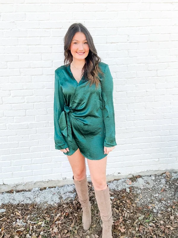 Hunter Green Satin Long Sleeve Wrap Dress Sexy Long Skirt