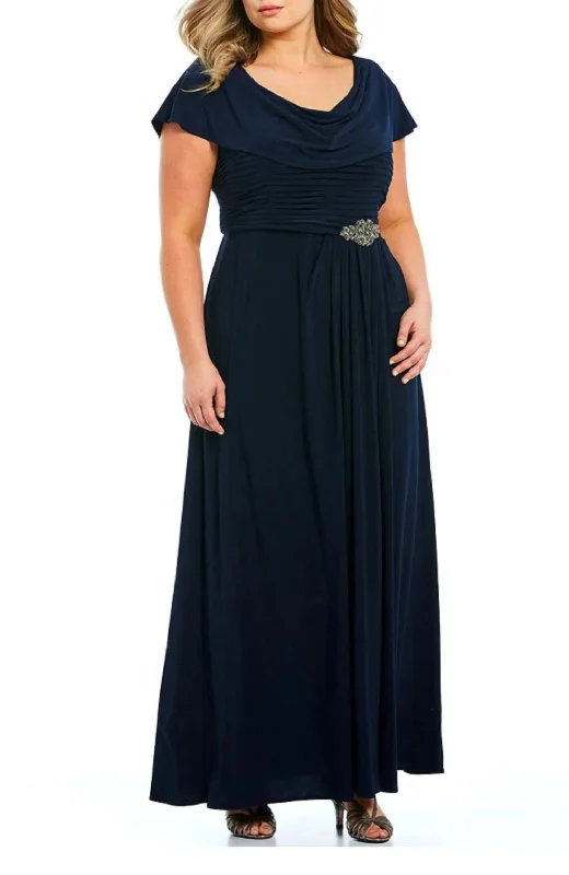 Pleated Embellished Side Detail Long Gown In Navy High-Waisted Maxi Skirt