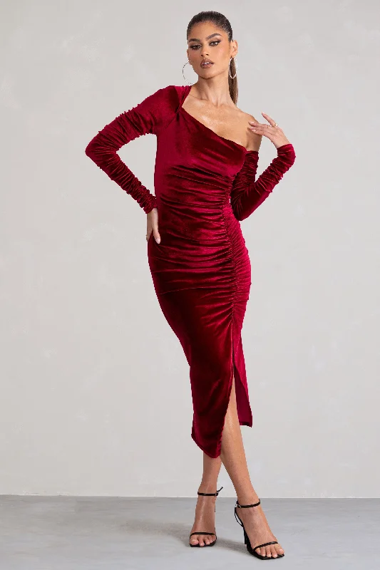 Agustina | Berry Velvet Asymmetric Neckline Midi Dress With Long Sleeves Midi Skirt Set