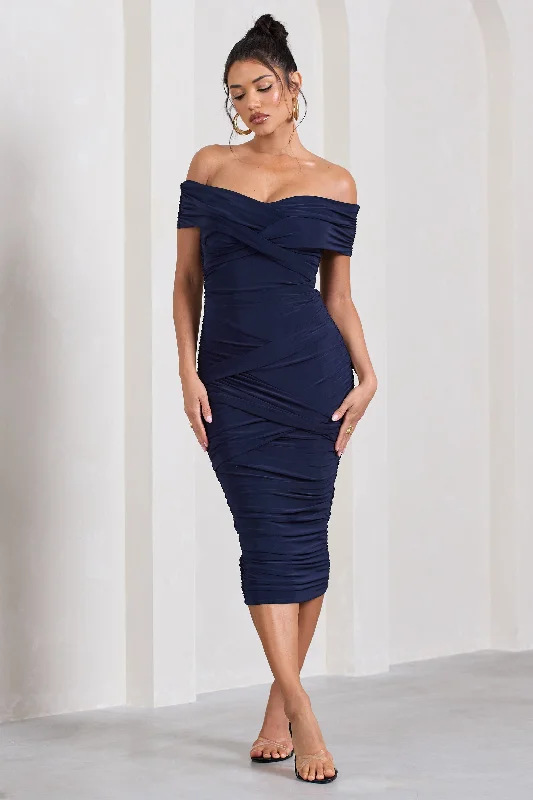 Amanda | Navy Twisted Wrap Bardot Midi Dress Knit Midi Skirt