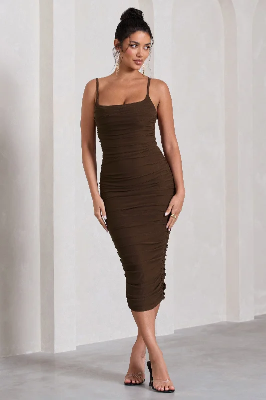 Bree | Chocolate Ruched Mesh Strappy Bodycon Midi Dress Sporty Midi Skirt