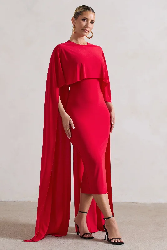 Camellia | Red Midi Dress With High-Low Cape Midi Skirt Trendy