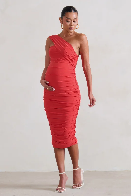 Contour | Coral Maternity One Shoulder Bodycon Midi Dress Vintage Printed Skirt