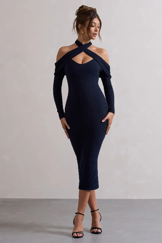 Duet | Navy Rib Knit Halter-Neck Midi Dress With Cut-Out Bodycon Midi Skirt