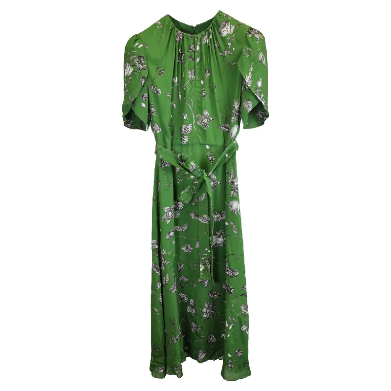 Erdem Floral Print Short-Sleeve Crepe Midi Dress in Green Satin High-Waisted Midi Skirt