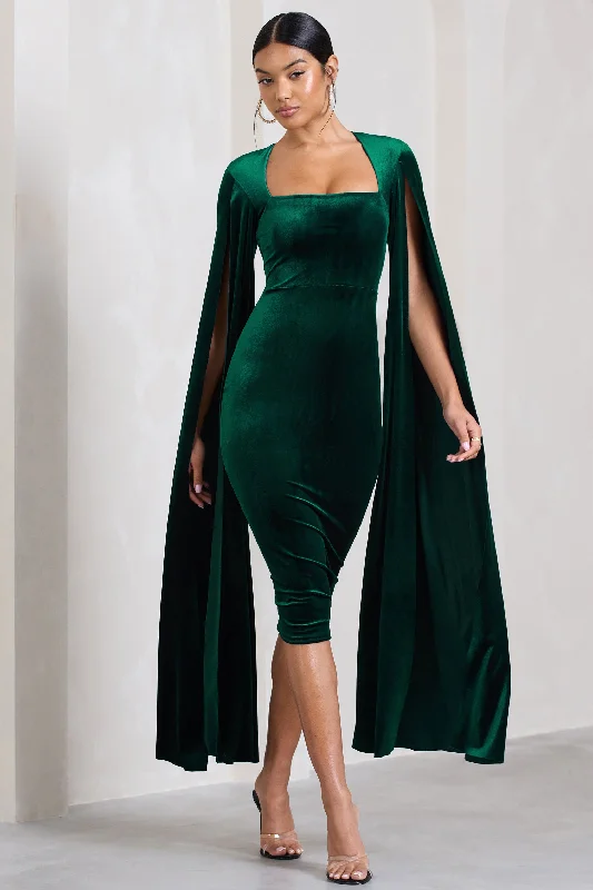 Flawless | Bottle Green Velvet Square Neck Midi Dress With Cape Sleeves Printed Satin Midi