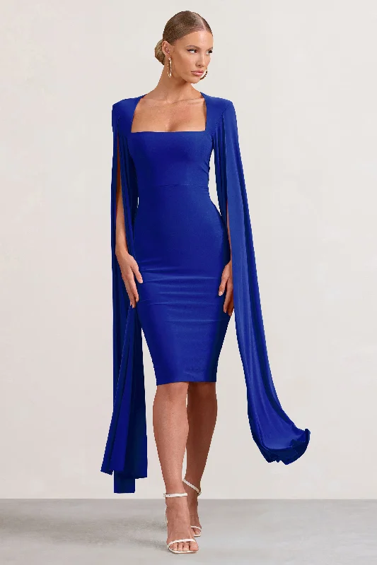 Flawless | Cobalt Blue Square Neck Midi Dress With Cape Sleeves Floral A-line Skirt