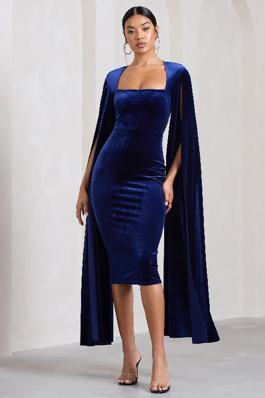 Flawless | Navy Velvet Square Neck Midi Dress With Cape Sleeves Stylish Pleated Skirt