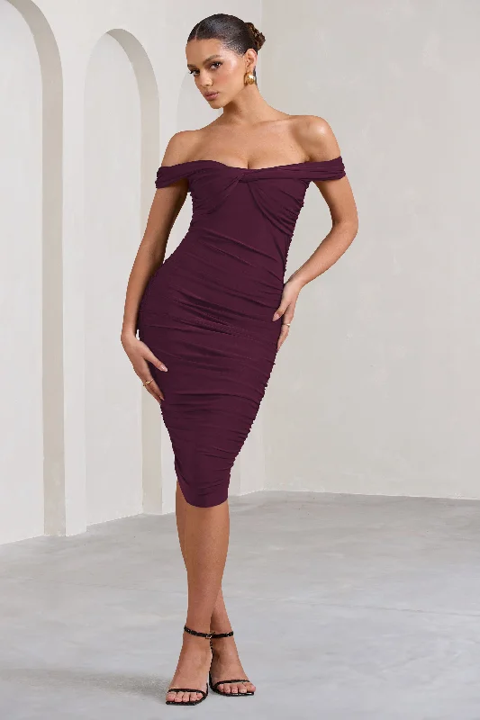 Gratitude | Plum Off The Shoulder Ruched Midi Dress Fitted Midi Skirt