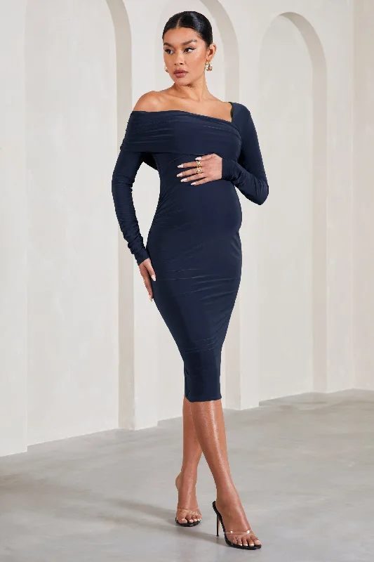 Heartbeat | Navy One-Shoulder Long-Sleeved Maternity Midi Dress Button-down Midi Skirt