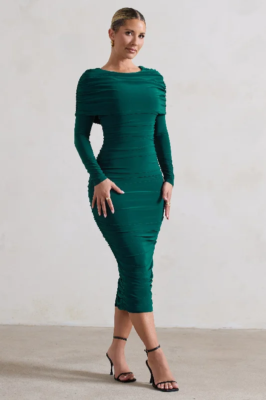 Lea | Bottle Green Long Sleeve Ruched Midi Dress with Draped Bardot Overlay Tulle Midi Skirt