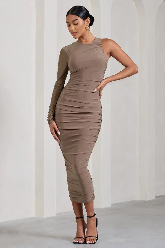 Luciene | Mocha Ruched Asymmetric Bodycon Midi Dress With Sheer Sleeve Midi Skirt Style