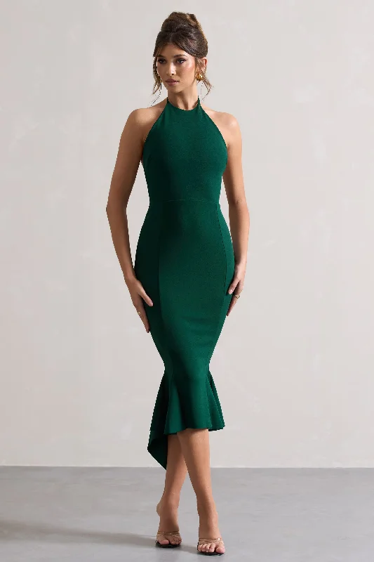 Maluma | Bottle Green Halter-Neck Midi Dress Ruffled Skirt Midi