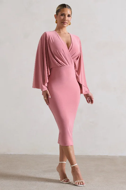 Mishka | Blush Pink Plunge-Neck Cape Midi Dress Casual A-line Skirt