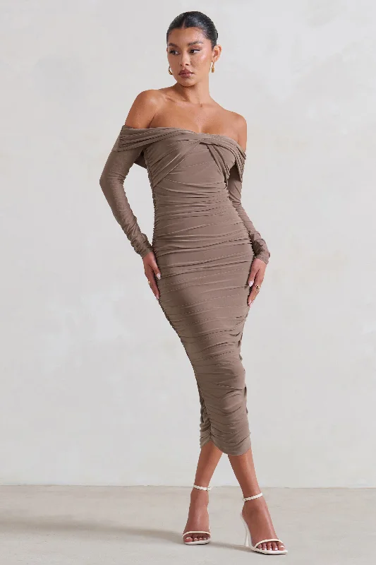 Neva | Mocha Bardot Twist Midi Dress Elegant Midi Dress