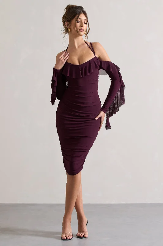 Quinn | Dark Cherry Ruched Strappy Long-Sleeved Midi Dress With Ruffles Soft A-line Skirt