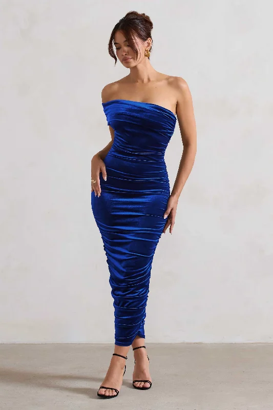 Remember Me | Cobalt Blue Velvet Ruched Asymmetric Bodycon Midi Dress Midi Skirt Trend