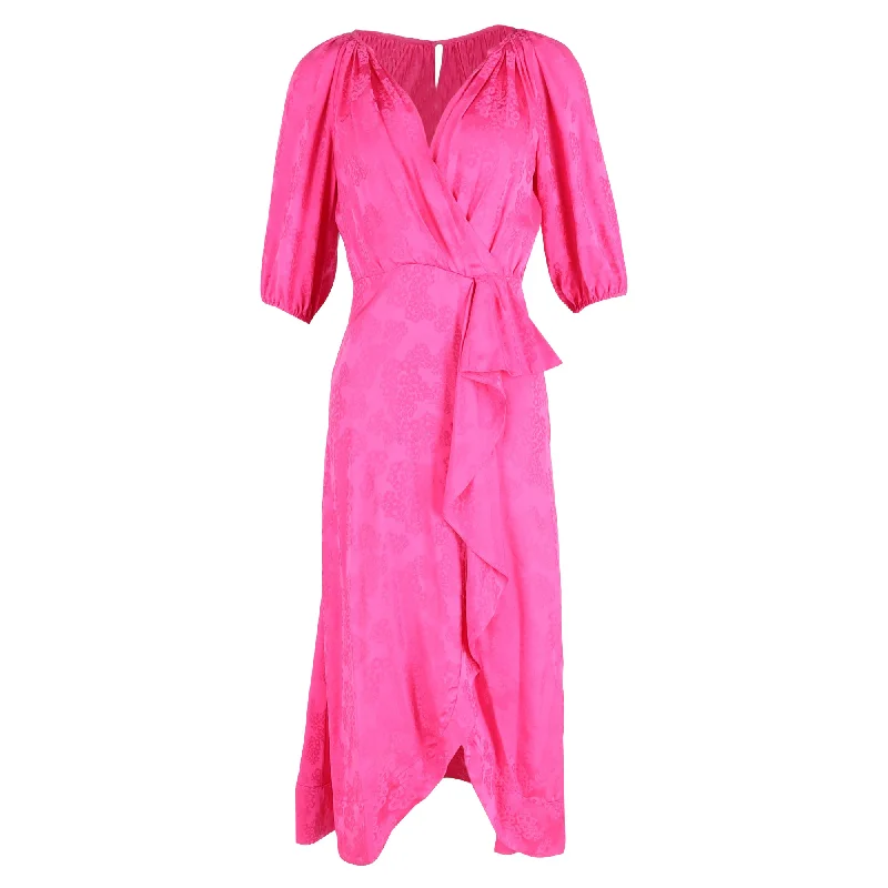 Saloni Olivia Jacquard Wrap Midi Dress in Pink Silk-satin Soft Wool Midi