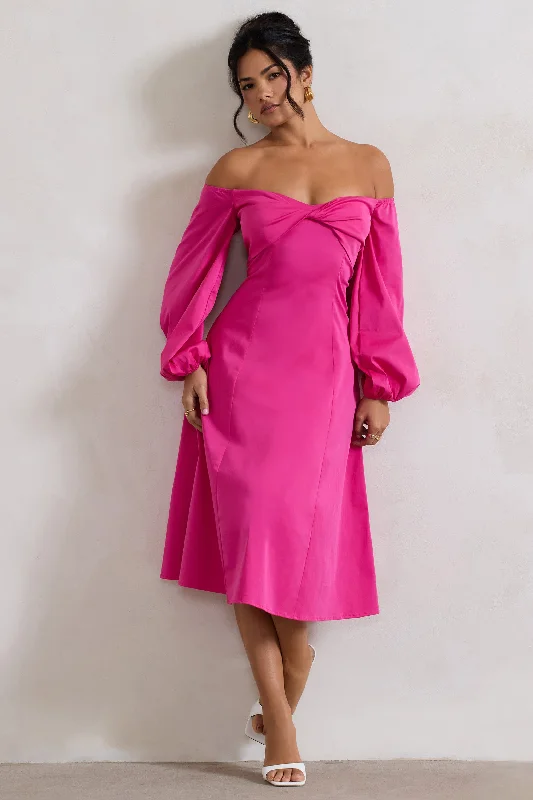 Santino | Hot Pink Twisted Bardot Puff-Sleeve Midi Dress Classic A-line Skirt