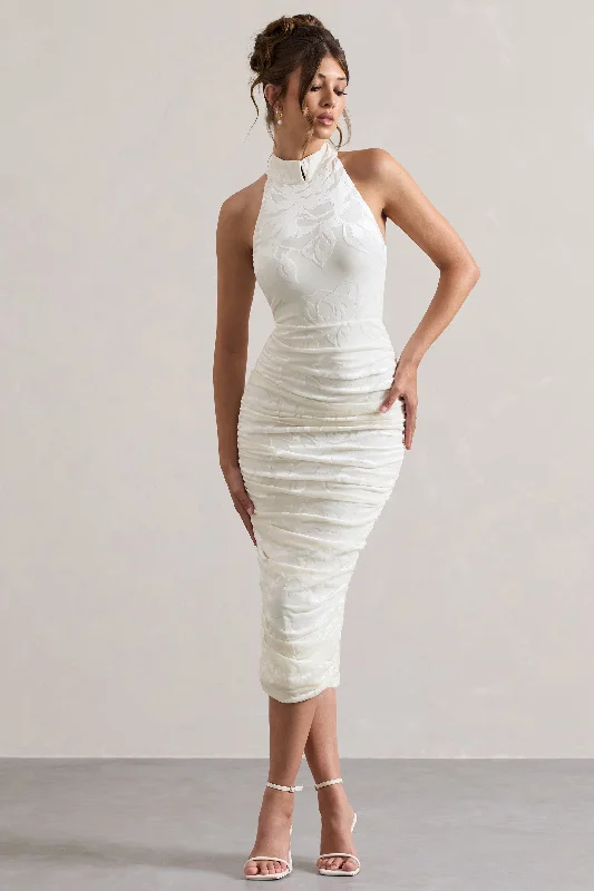 Therese | White Ruched Bodycon High-Neck Midi Dress Midi Skirt Outfit