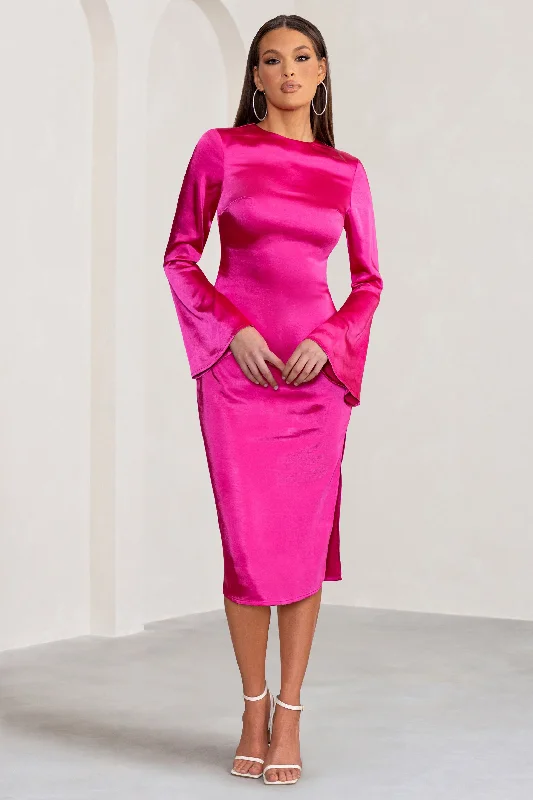 Zaina | Hot Pink Long Sleeve Midi Dress with High Neckline Bright Midi Skirt